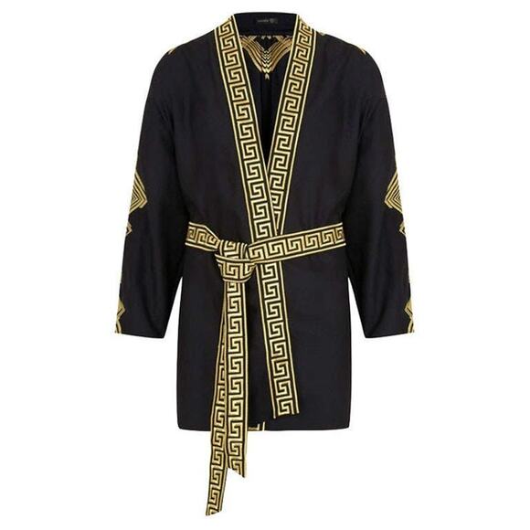 Versace Belted Gold Embroidered Black Wool Blend Kimono Jacket M - Picture 1 of 14